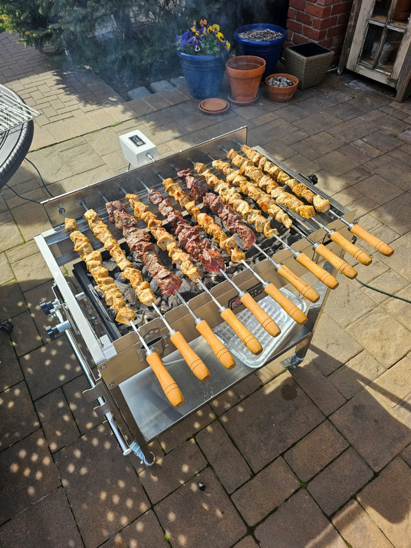 OctaGrills Cyprus Classic foukou charcoal rotisserie barbecue with three stainless steel skewers and grill grate for souvla, kontosouvli, and kokoretsi ny astoria queens greek easter souvlaki kebob