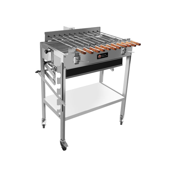 Stainless steel barbecue grill with wooden skewers foukou souvlaki kebob kabob charcoal cypriot greek bbq spit souvla