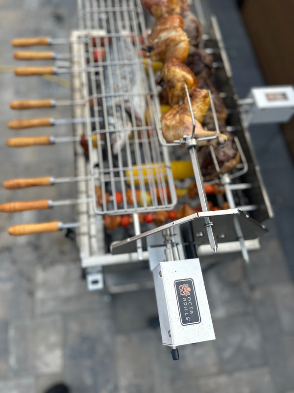 OctaGrills Cyprus Classic foukou charcoal rotisserie barbecue with three stainless steel skewers and grill grate for souvla, kontosouvli, and kokoretsi ny astoria queens greek easter bransino fish