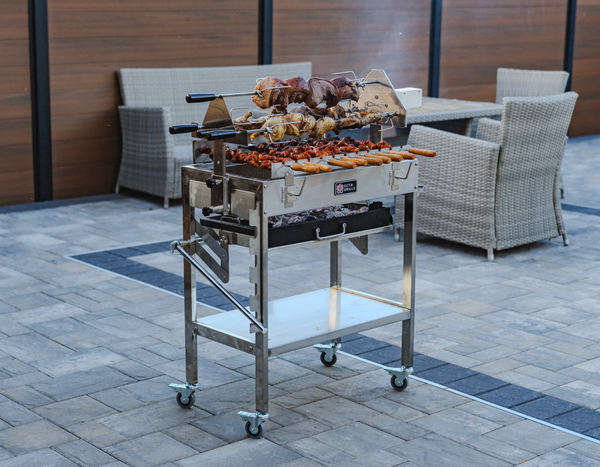 OctaGrills Cyprus Classic foukou charcoal rotisserie barbecue with three stainless steel skewers and grill grate for souvla, kontosouvli, and kokoretsi ny astoria queens greek easter pavers bbq picanha souvlaki