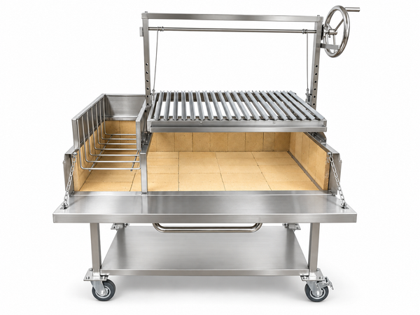 front view of the OctaGrills Asador Pro stainless steel parrilla grill with firebox and side shelf