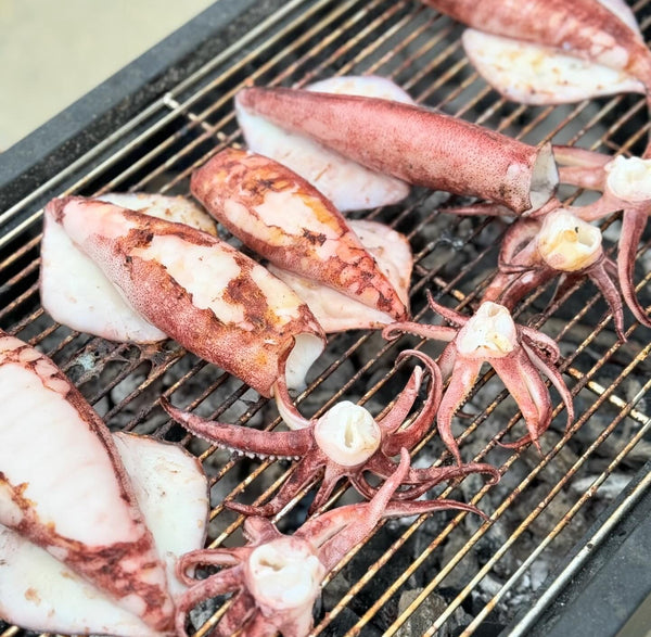 Grilled squid on a barbecue grill bbq foukou kalamari Cypriot grill octagrills ny queens astoria greek