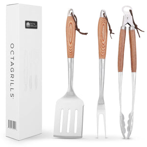 Octagrills bbq utensils set tongs spatula for grilling New York backyard grill masters wood heavy duty