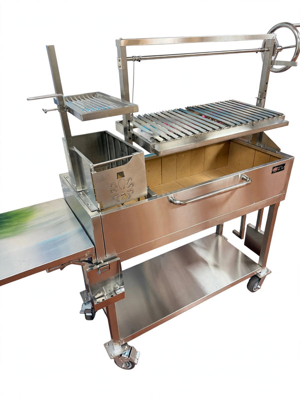 Angled view of the OctaGrills Santa Maria grill showing the octopus-logo brasero and stainless steel sear grate
