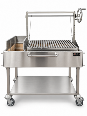 OctaGrills Asador Pro Argentine parrilla grill in stainless steel with adjustable grate and side brasero, front view