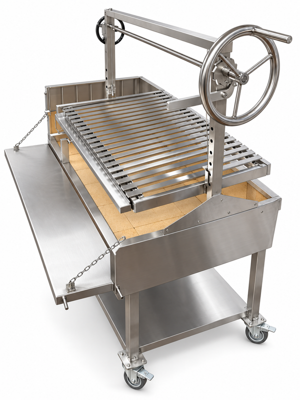 Angled view of the OctaGrills Asador Pro parrilla grill with hand wheel height adjustment