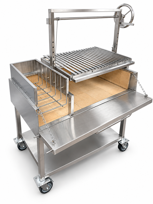 Three-quarter view of the OctaGrills Asador Pro stainless steel parrilla grill with firebox and side shelf