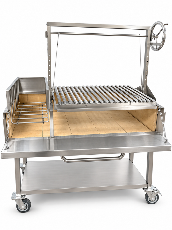 Front view of the OctaGrills Asador Pro charcoal parrilla grill with lower storage shelf on casters