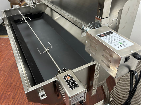Add-On Skewer Kit displayed, showing the skewer, forks, bracket, and motor for large rotisserie models. Showing both 110v motors side by sde.