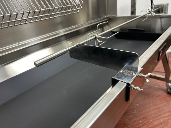 Add-On Skewer Kit displayed, showing the skewer, forks, bracket, and motor for large rotisserie models.
