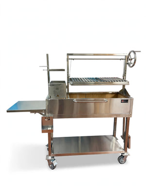 Front view of the OctaGrills Santa Maria stainless steel charcoal grill with adjustable grate and side brasero
